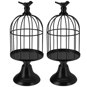 URBNLIVING 30cm Height 2 Pcs Black Metal Wire Bird Cage Tealight Pillar Candle Stand Holder