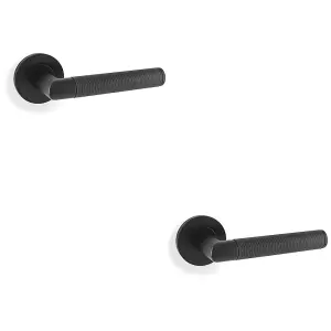 2 PACK - SOLID BRASS Knurled Door Handle Set - Matt Black Mitred Lever on Round Rose