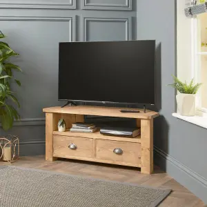 Corner TV Stand with Drawers  Made From Solid Wood - 120cm Stripped Pine Finsh