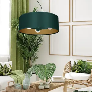 Milagro Verde Pendant Lamp 3XE27 50cm Scandi Style Hand Made Lamp Range In Rich Green With Golden Accents