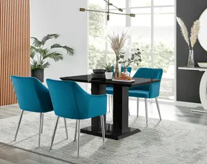 Furniturebox Imperia 4 Modern Black High Gloss Dining Table & 4 Blue Calla Silver Leg Chairs