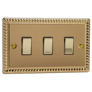 Varilight 3-Gang 10A 1- or 2-Way Rocker Switch (Twin Plate) Georgian Brass