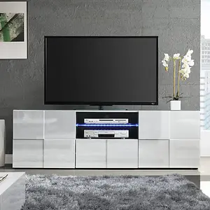 Aspen TV Stand With Storage for Living Room and Bedroom, 1810 Wide, LED Lighting, Media Storage, White High Gloss Finish