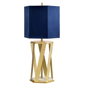 Table Lamp Blue Shade with Gold Faux Silk Lining Brushed Brass LED E27 60W Bulb