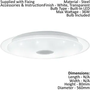 Wall Flush Ceiling Light White Shade White Chrome Plastic Crystal Effect LED 36W