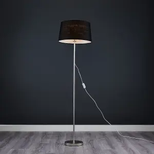 ValueLights Modern Floor Lamp In Brushed Chrome Metal Finish With Black Faux Linen Shade