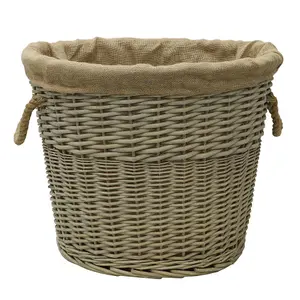 JVL Antiques Wash Canvas Lined Oval Log Basket with Rope Handles