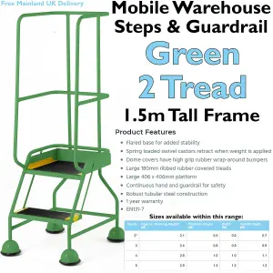 2 Tread Mobile Warehouse Steps & Guardrail GREEN 1.5m Portable Safety Stairs