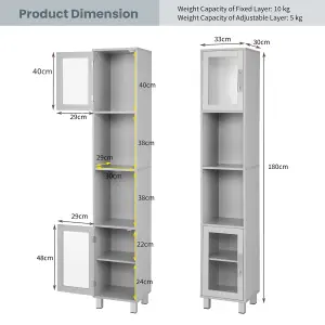 Costway Bathroom Tall Cabinet Slim Freestanding Storage Organizer Cupboard 2 Glass Doors