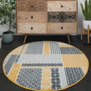 Yellow Ochre Grey Floral Patchwork Living Room Round Circular Mat 160x160cm