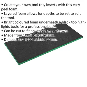 1200 x 550 x 30mm Green Easy Peel Foam for Tool Chest and Flight Case