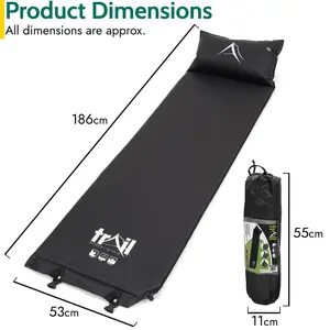 Single Pillow Camping Mat Self Inflating Inflatable Roll Mattress With Bag Black Trail