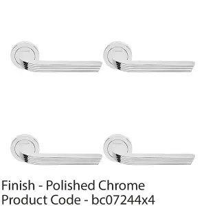 4 PACK - Premium Art Deco Door Handle Set - Polished Chrome Reeded Lever on Round Rose