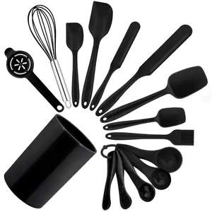 15 Pieces Set, Silicone Spatulas Kitchen Utensils For Cooking Baking Mixing, Non Stick & Heat Resistant Rubber Kitchen Tools With Holder, Healthy & One Piece Design, Black Black