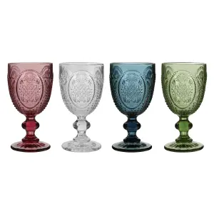 Set of 4 Vintage Luxury Mix Match Pink, Blue, Clear & Green Drinking Wine Glass Wine Goblets 310ml