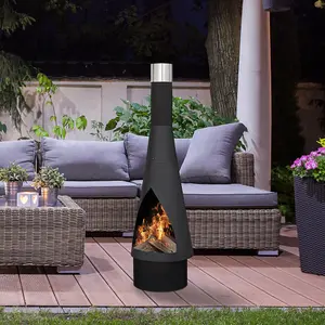 45x150cm Black Steel Round Chiminea Wood Burner - Outdoor Fire Pit and Garden Heater