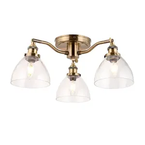 Luminosa Hansen Multi Arm Glass Semi Flush Ceiling Lamp, Antique Brass Plate, Glass