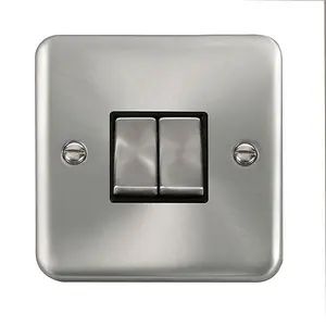 Curved Satin / Brushed Chrome 10A 2 Gang 2 Way Ingot Light Switch - Black Trim - SE Home