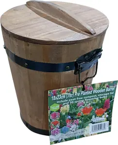 Pre-Planted Wooden Barrel Planter-30 Red & Yellow Spring Flowering Bulbs-Just Add Water-18x23cm-Peat-Free Compost-Bee-Friendly Mix