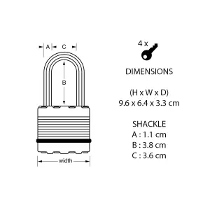 Master Lock Excell Heavy duty Laminated Steel Black Open shackle Padlock (W)64mm