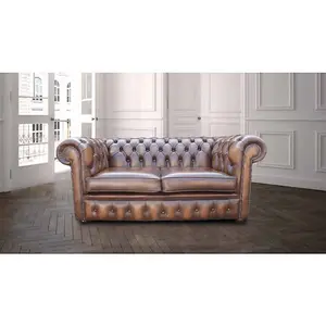 Chesterfield 2 Seater Antique Tan Real Leather Tufted Buttoned Sofa Settee In Classic Style