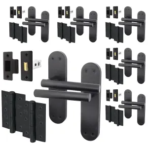 AFIT Matt Black Door Handle Latch Set - 6 Pairs of Internal T-Bar Handles with Hinges (76mm) & Latches (64mm) - Olvera Range