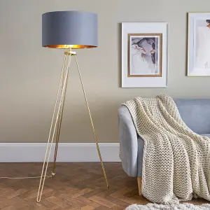 ValueLights Aero Modern Gold Hairpin Design Tripod Floor Lamp with Grey/Gold Drum Shade - Includes 6w LED GLS Bulb 3000K