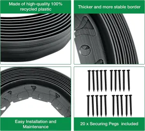 Flexible Black  Garden Edging Border 10m Complete with 20 Securing Pegs Perfect Flower Beds Lawns and Pavement Design 40mm High