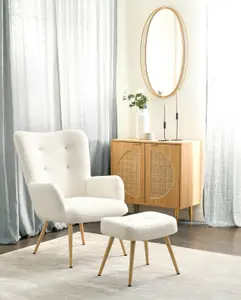 Wingback Chair VEJLE with Footstool Boucle Off-White