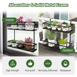 Costway 2 Tier Metal Flower Pot Holder Hanging Railing Flower Rack W/ Adjustable Hooks