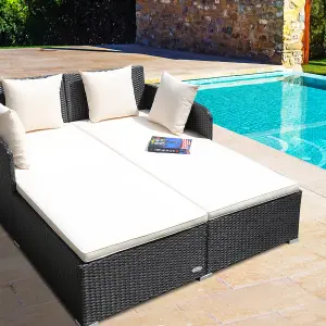 Costway Rattan Garden Daybed Furniture Set Patio Sun Bed 2 Seater Lounger with Cushions