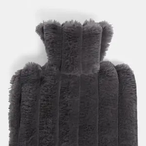 Faux Fur Hot Water Bottle Ribbed Fluffy Fleece Supersoft Warmer, Charcoal