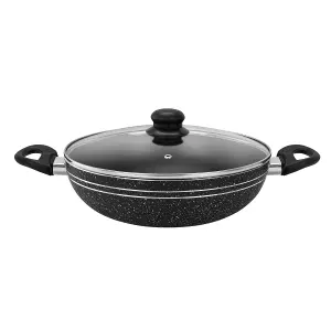 Royalford 32cm Non-Stick Induction Wok Pan with Glass Lid Deep Cooking Frying Pan Kadai