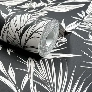 Grandeco Glistening Lucia Tropical Foliage Blown Vinyl Wallpaper, Black