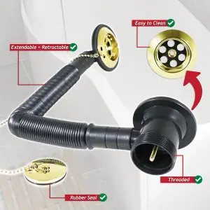 SPARES2GO Bath Combination Waste Plug and Chain Luxury Gold Brass Flexible Overflow Pipe Kit (40mm 1 1/2")