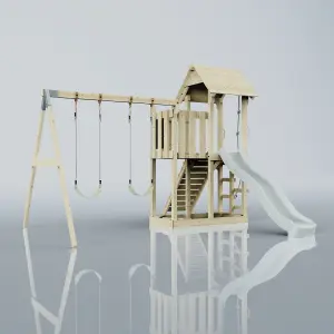 PolarPlay Balcony Tower Kids Wooden Climbing Frame with Swing and Slide - Swing Elof Mist