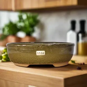 21cm Glazed Bonsai Pot - Oval - 21cm x 16cm x 7cm - Green