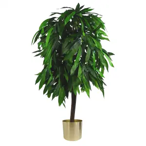 Artificial Mango Plant Tree Gold Metal Planter 120cm 4ft Tall Natural Wood Botanik