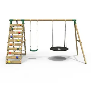 Rebo Wooden Swing Set with Up and Over Climbing Wall - Vale Green