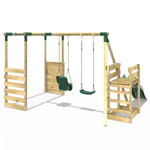 Rebo Wooden Children's Swing Set with Monkey Bars plus Deck & 6ft Slide - Double Swing - Luna Green