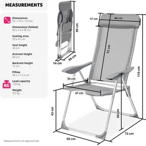 Garden Chairs Maurine - Set of 4, foldable, aluminium frame, adjustable backrest, head cushion - grey