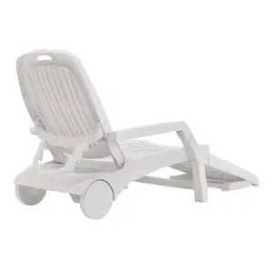 White Foldable Garden Sun Lounge Plastic Lounger Recliner Armchair with Wheels