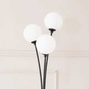 ValueLights Velika Black 3 Way Triple Floor Lamp with White Frosted Glass Globe Shades Light - LED Bulbs Included