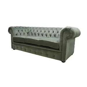 Chesterfield 3 Seater Sofa Settee Pimlico Moss Green Fabric In Classic Style