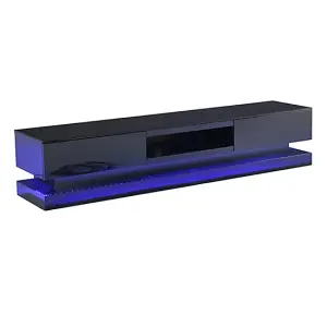 Step TV Stand With Storage for Living Room and Bedroom, 1800 Wide, LED Lighting, Media Storage, Black High Gloss Finish