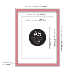 A5 Pink Picture Frame With Mount for A6 (10.5 x 14.8cm - 4.1 x 5.8in) Poster, Photo, Artwork, or Print.