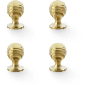 4 PACK - Reeded Ball Door Knob - 25mm Diameter Satin Brass Lined Cupboard Pull Handle