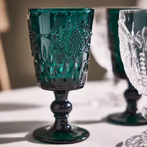 Set of 12 Luxury Embossed Dark Green Drinking Wine Glass Wine Goblets 290ml