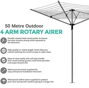 Abaseen 60m Grey Rotary Washing Lines Heavy Duty Folding 4 Arm Garden Clothes Airer Dryer Comes with Cover & Metal Ground Spike