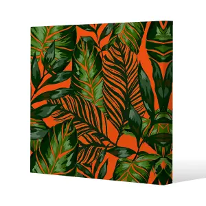 Green Tropical Leaves on Orange (Canvas Print) / 101 x 101 x 4cm